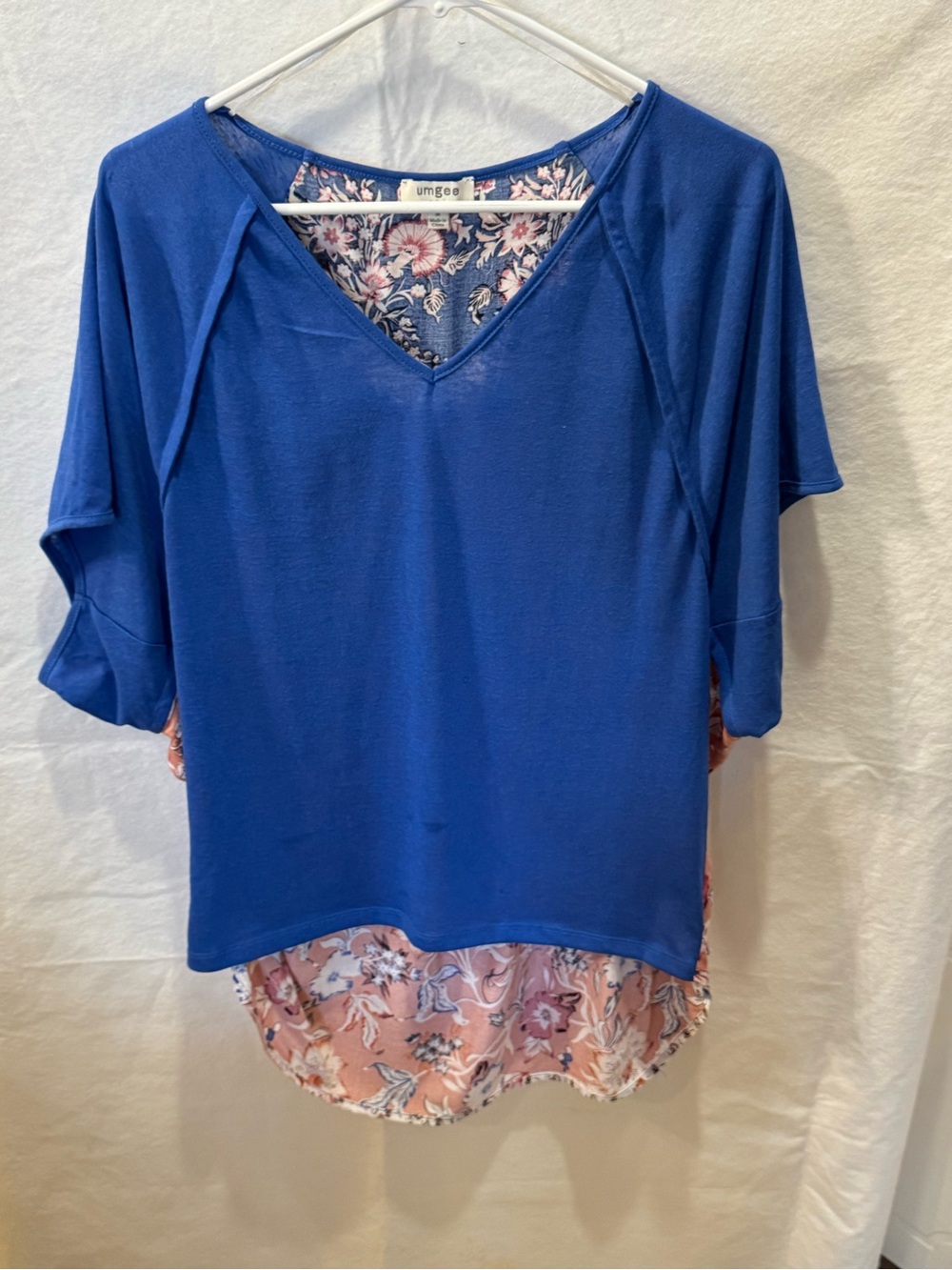 Umgee Blue Layered V-Neck Tunic with Pink Floral Underlay